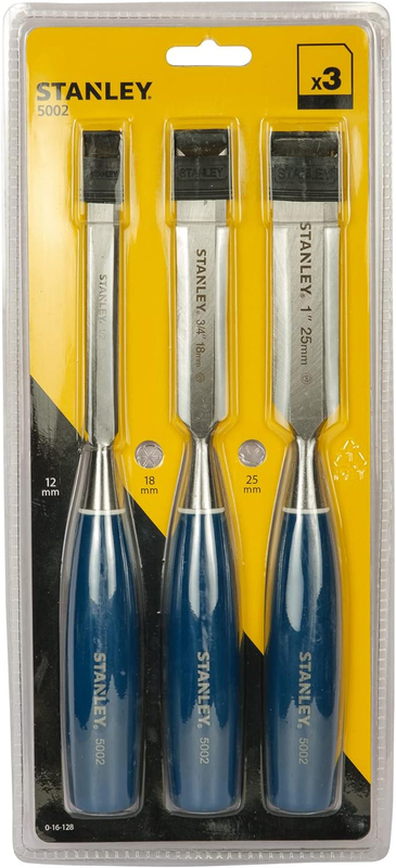 Stanley 3-Piece 5002 Steel Chisels Set with Handle Wood, 0-16-128, Blue/Silver