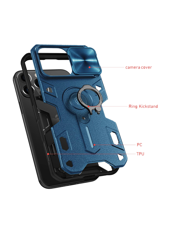 Nillkin Apple iPhone 13 pro Military-grade Impact-Resistant Shockproof Mobile Phone Case Cover with Rotate Ring Kickstand and Slid Camera Cover, Blue