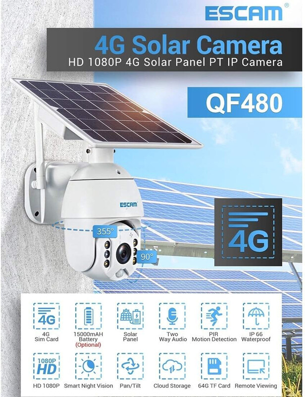 Escam Wyan Security Monitor QF480 EU Version HD 1080P Waterproof 4G Solar Panel PT IP Camera with Battery, Night Vision, Motion Detection, TF Card & 2-Way Audio, IP66, White