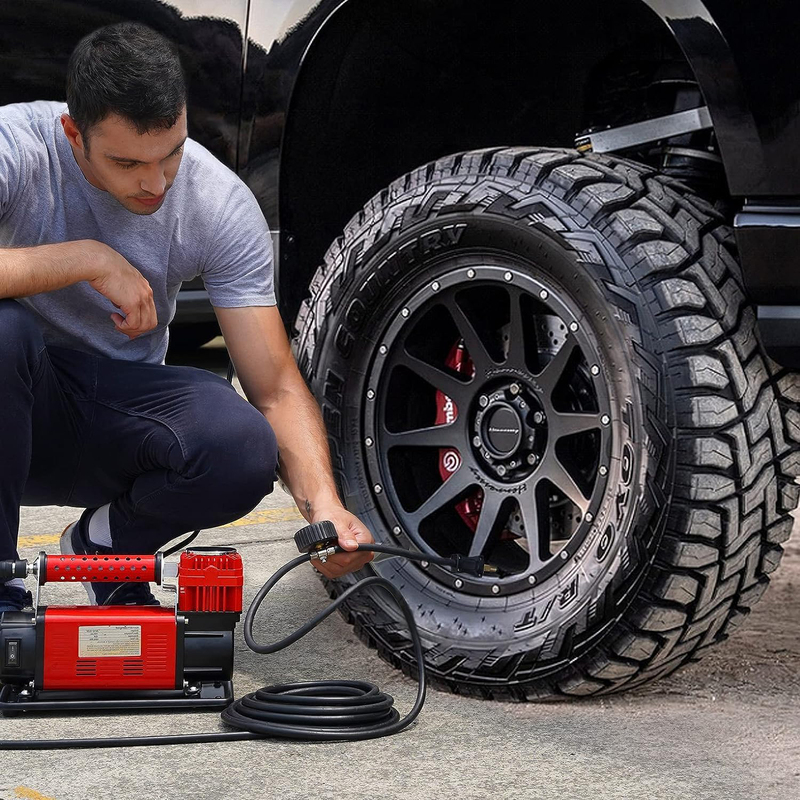 Toby's 2 Cylinder Air Compressor Pump Heavy Duty DC 12V Tire Inflator 150 PSI for Cars, Black/Red