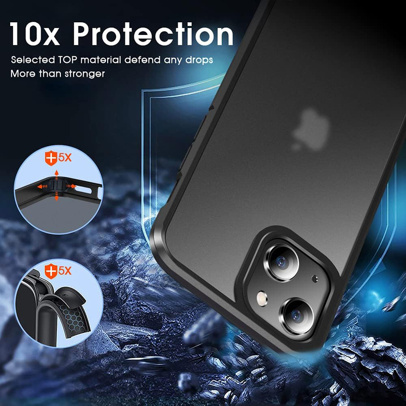 X-Level Apple iPhone 13 Protective Military Grade Drop Protection Frosted Translucent Anti-Drop Hard PC Slim Thin Mobile Phone Case Cover with Soft Silicone Edge, Black