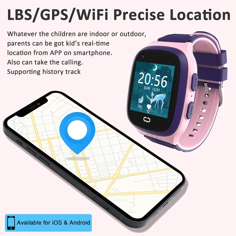 4G Kids Girls Smartwatch, GPS + Cellular, Ages 5-12, Pink