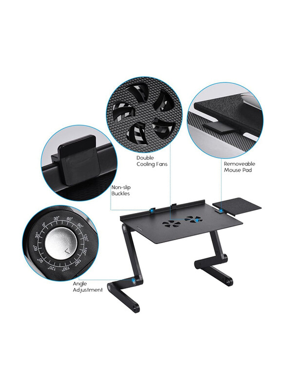 360 Degree Adjustable Foldable Vented Laptop Table Stand with Mouse Pad and Cooling Fans, Black