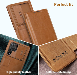 Nillkin Samsung Galaxy S22 Ultra 5G 6.8'' 2022 Wallet Mobile Phone Case Cover with Card Holder & Camera Cover, Brown