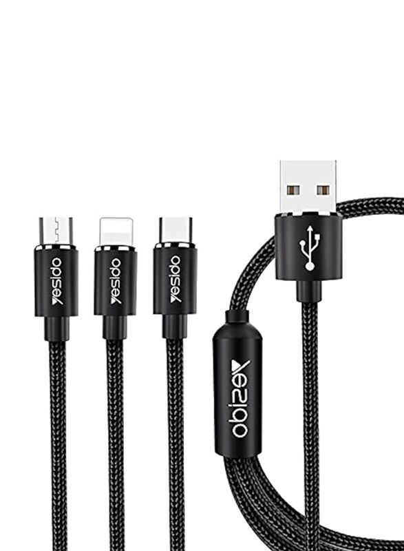 

Yesido 1.2 Meter 3-in-1 30 Amps Fast Charging Cable, USB Type A to USB Type-C, Lightning, Micro USB for Smartphones/Tablets, Black
