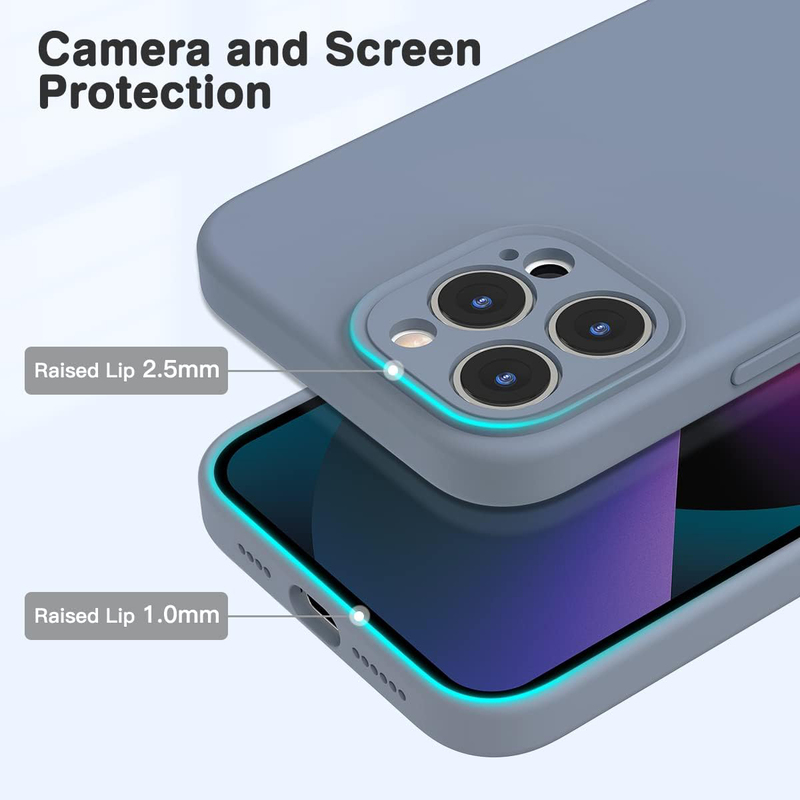 Apple iPhone 13 Pro 6.1-inch 2021 Silicone Slim Thin Durable Liquid Gel Rubber Mobile Phone Case Cover with Integrated Camera Lens Protector, Lavender Grey