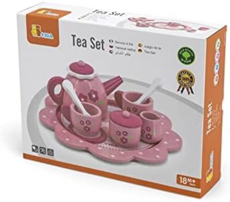 VIGA Wooden Pink Tea Set - Pretend Play Carry Handles For Kids Ages 18+ Months