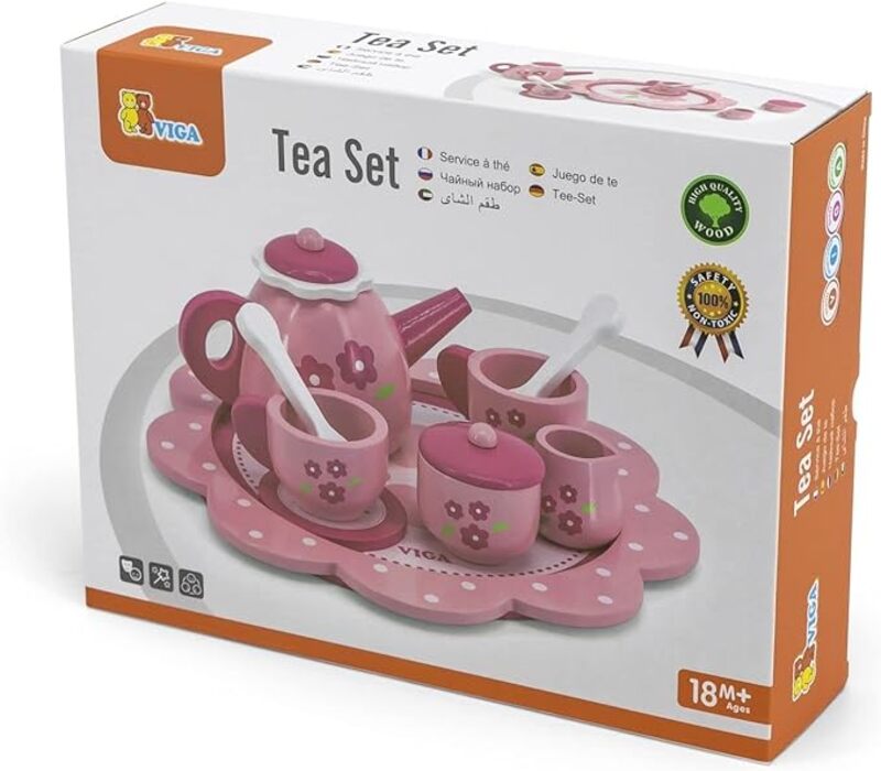 

VIGA Wooden Pink Tea Set - Pretend Play Carry Handles For Kids Ages 18+ Months