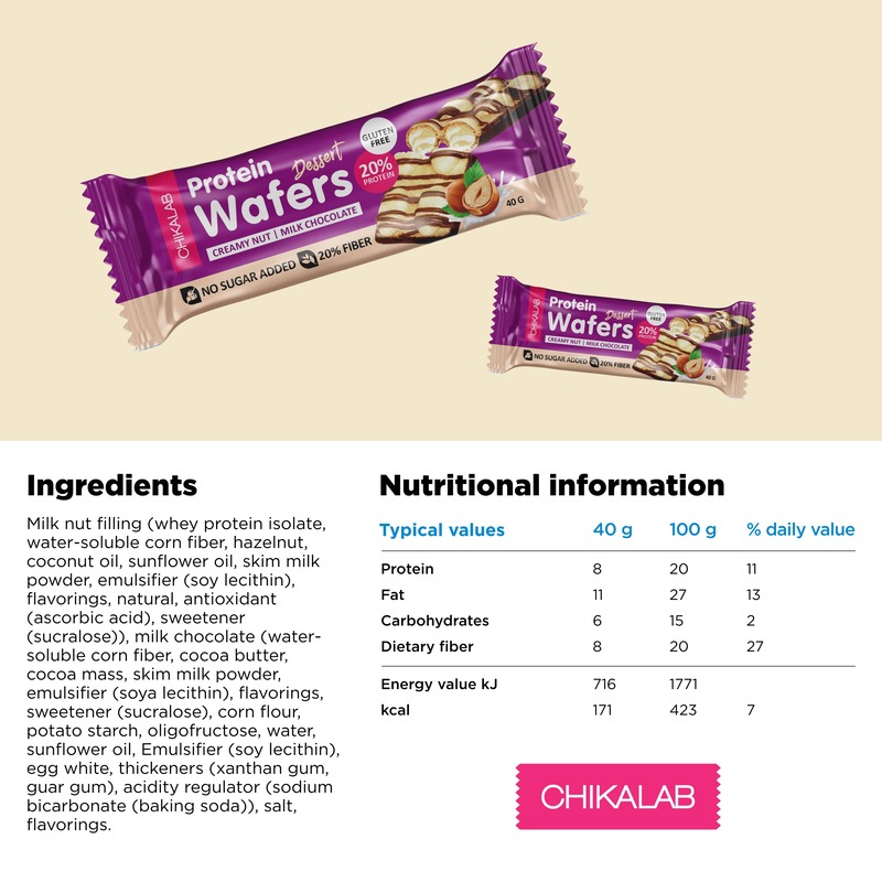 Chikalab Protein Wafers Dessert Milk Chocolate with Creamy Hazelnut Filling Gluten Free & No Sugar Added 12x40g