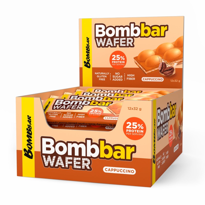 Bombbar Protein Wafer with Cappuccino Flavor, Gluten Free, High Fiber and No Sugar Added 12x32g