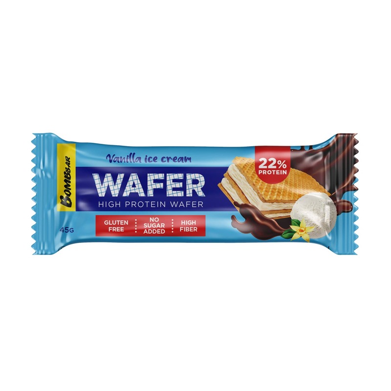 Bombbar High Protein Wafer with Vanilla Ice Cream Flavor, Gluten Free, High Fiber & No Sugar Added 12x45g