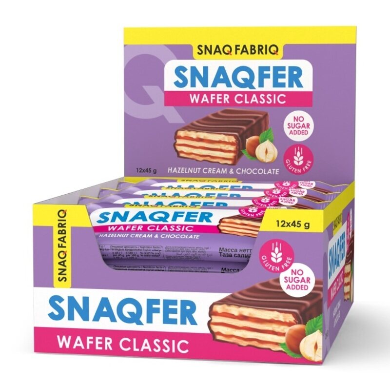 

Snaq Fabriq Snaqfer Wafer with Hazelnut Cream and Chocolate Flavor, Gluten Free and No Sugar Added 12x45g