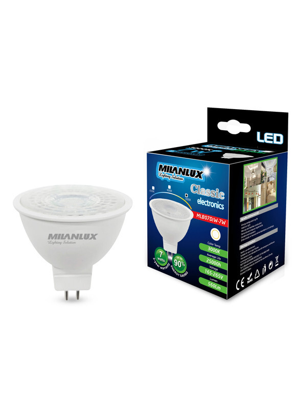 Milanlux Led Bulb, Non-Dimmable, 560 Lumen, Warm White 3000, 7W, MR16, GU5.3 Base, BUY 3 GET 2 FREE