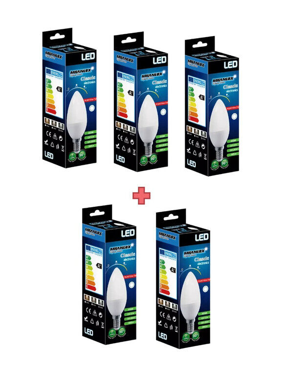 

Milanlux Led Bulb, Non-Dimmable, 560 Lumen, Day-Light White 6500, 7W , E14 Base, BUY 3 GET 2 FREE