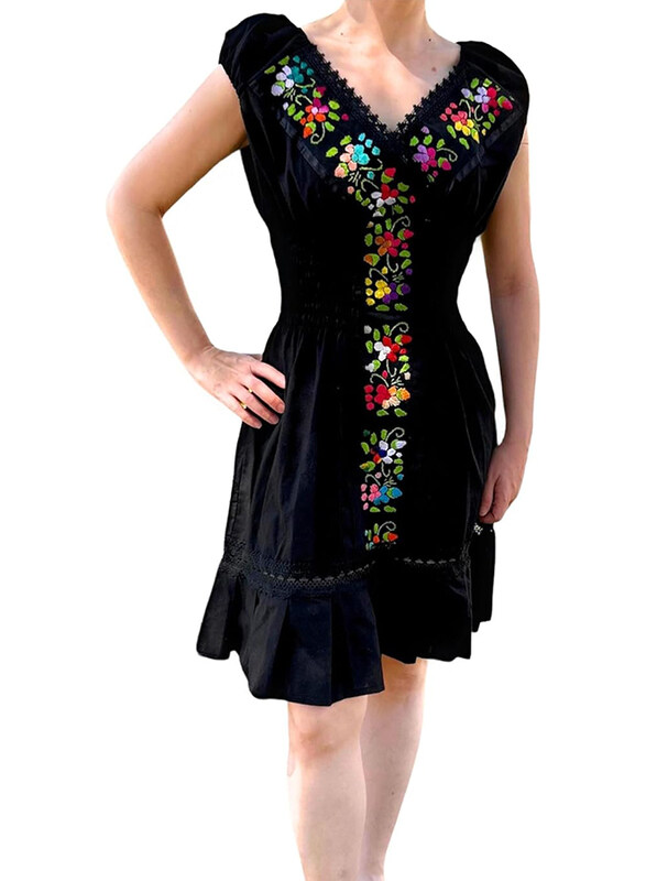 Mexsika Mexican Summer Floral Cotton Embroidered Boho Dress for Women, M, Black