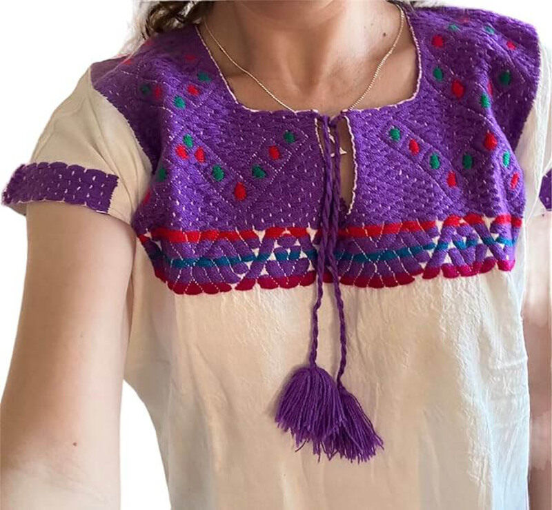 

Mexsika Embroidered Mexican Blouse for Women, M, White/Purple