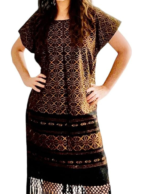 

Mexsika Mexican Silk Handmade Long Huipil Dress for Women, L, Black