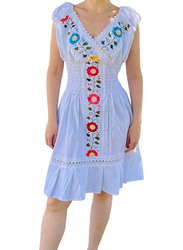 Mexsika Mexican Summer Floral Cotton Embroidered Boho Dress for Women, M, White