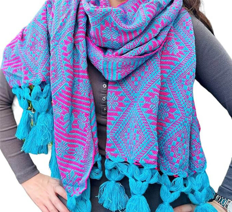 Mexsika Handmade Mexican Rebozo Shawl for Women, XL, Blue