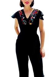 Mexsika Hand Embroidered Floral Halter Jumpsuit for Women, Black