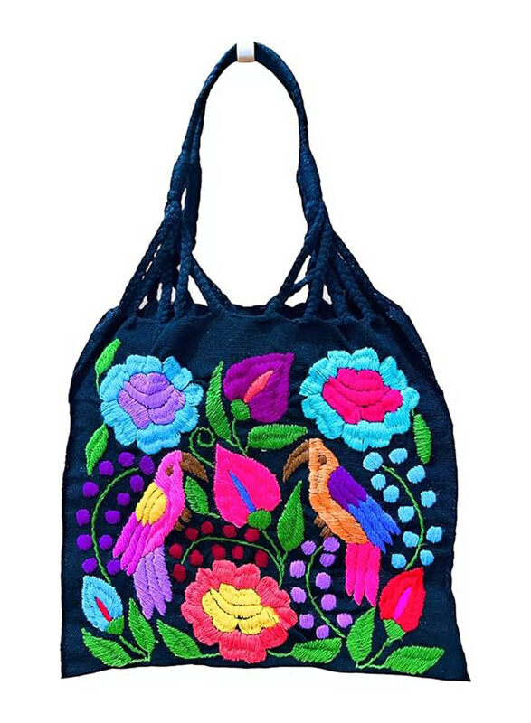 Mexsika Handmade Embroidered Mexican Tote Bag, Blue