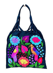 Mexsika Handmade Embroidered Mexican Tote Bag, Blue