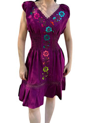 Mexsika Mexican Summer Floral Cotton Embroidered Boho Dress for Women, M, Purple