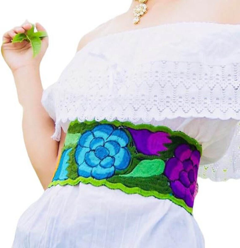 Mexsika Embroidered Floral Mexican Belt for Women, Green/Blue