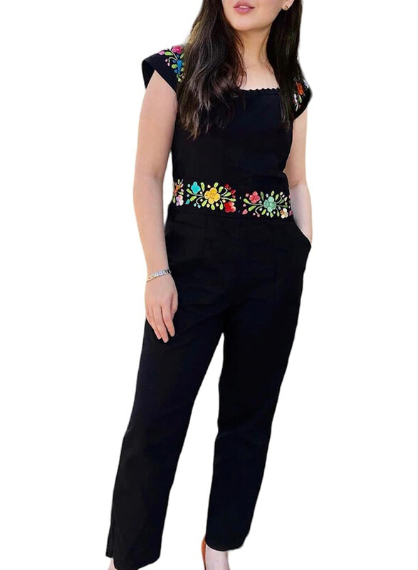 

Mexsika Mexican Floral Jumpsuit for Women, M, Black