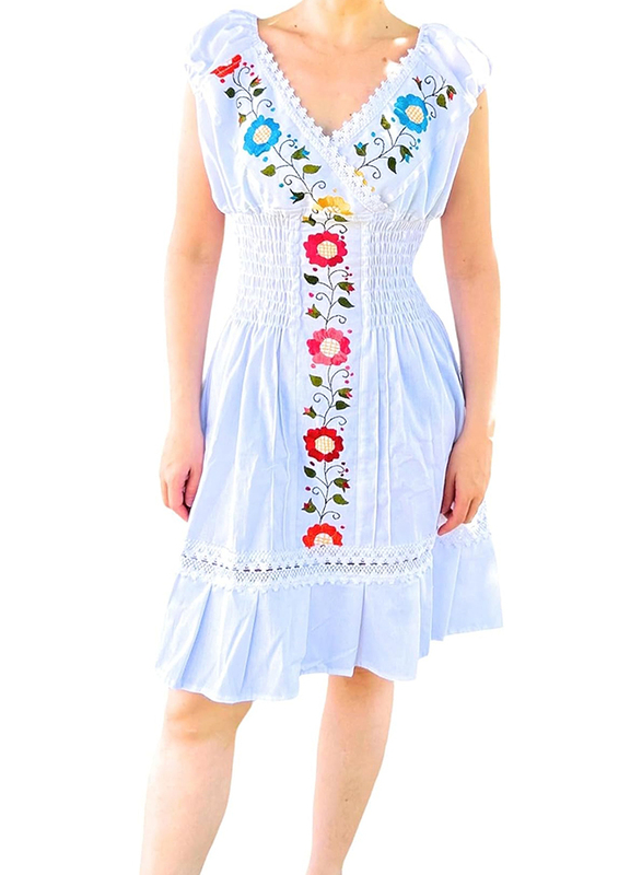 Mexsika Boho Embroidered Cotton Dress for Women, Multicolour