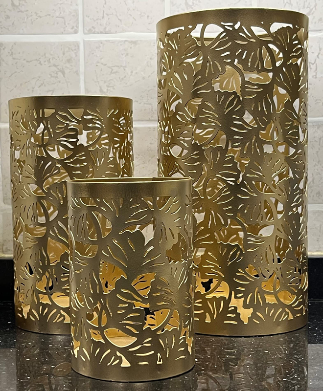 Souq Designs Arabic Moroccan Hurricane Metal Fanoos Lanterns, 3 Pieces, Gold