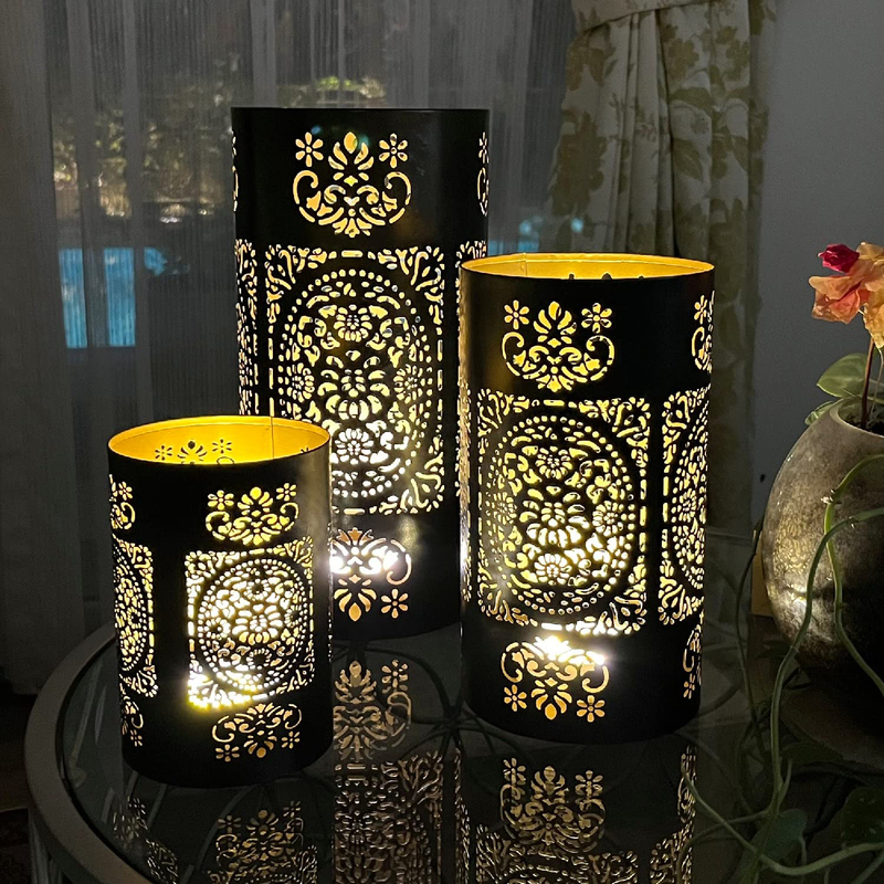 Souq Designs Arabic Moroccan Ramadan Hurricane Metal Fanoos Lanterns, 3 Pieces, Black