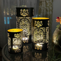 Souq Designs Arabic Moroccan Ramadan Hurricane Metal Fanoos Lanterns, 3 Pieces, Black