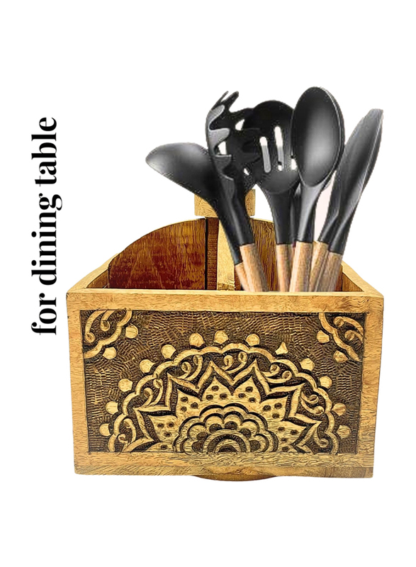 Souq Designs Wooden Square Shape Cutlery Holder, Beige