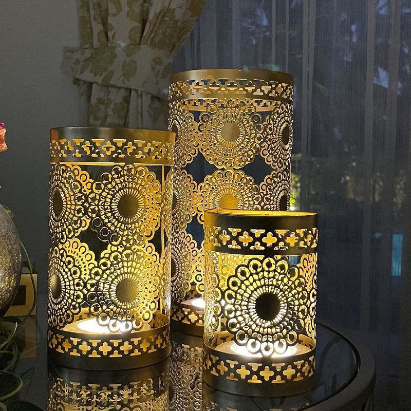Souq Designs Arabic Moroccan Ramadan Rustic Hurricane Metal Fanoos Lanterns, 3 Pieces, Black