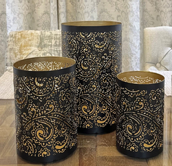 Souq Designs Arabic Moroccan Ramadan Votive Rustic Hurricane Metal Fanoos Lanterns, 3 Pieces, Black