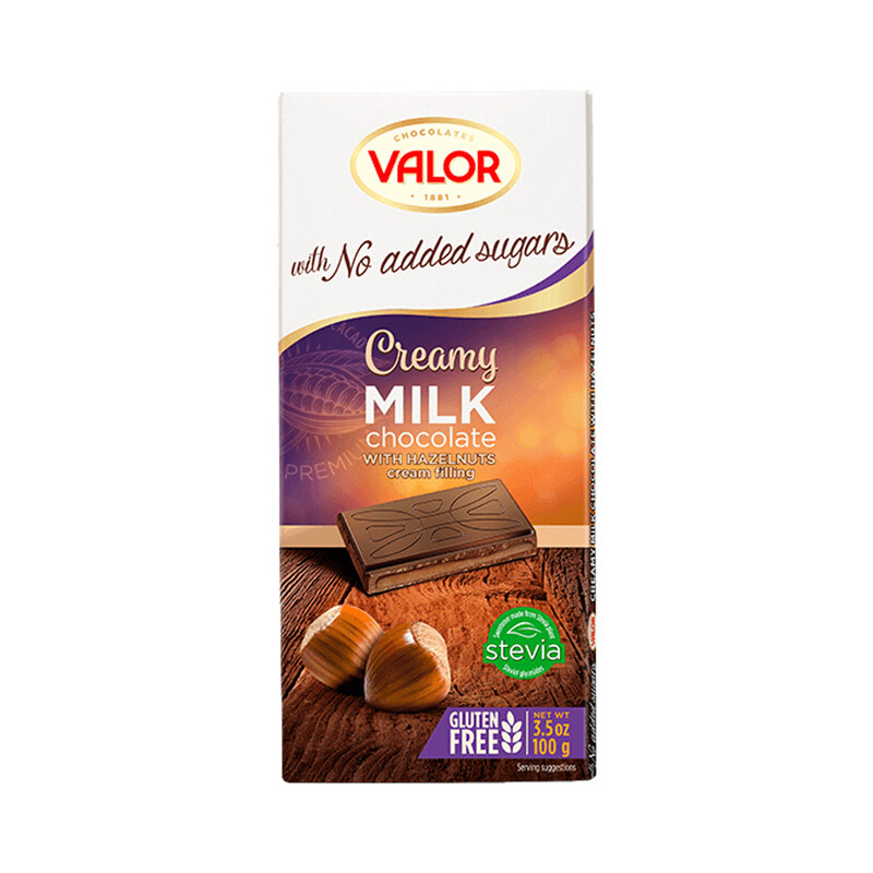 

VALOR-MILK CHOC. W/HAZELNUT CREAM NO SUGAR ADDED 100G