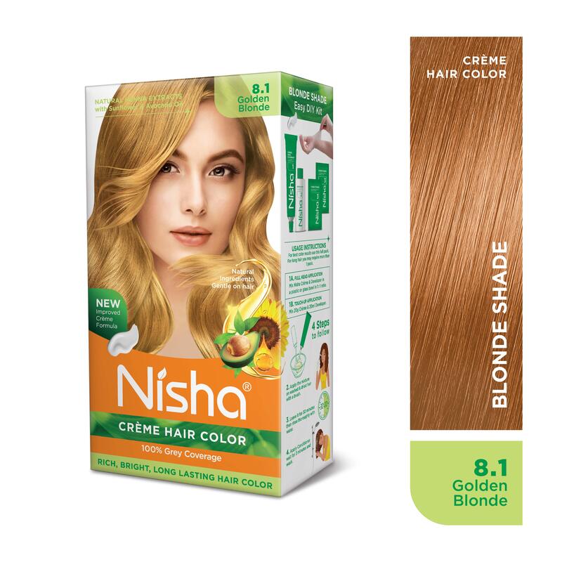 Nisha Creme Hair Color, Permanent Blonde Hair Dye Color, 100% Gray Coverage, Golden Blonde, 120 gm