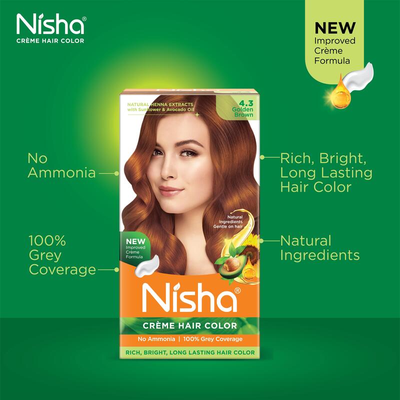 Nisha Creme Hair Color, Permanent Brown Hair Dye Color, 100% Gray Coverage, No Ammonia, Golden Brown, 120 gm