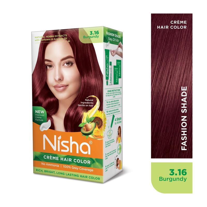 Nisha Creme Hair Color, Permanent Burgundy Hair Dye Color, 100% Gray Coverage, No Ammonia, Burgundy, 120 gm