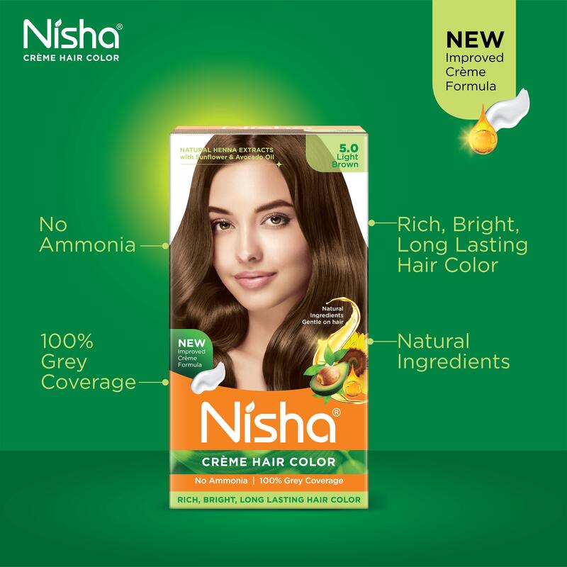 Nisha Creme Hair Color, Permanent Brown Hair Dye Color, 100% Gray Coverage, No Ammonia, Light Brown, 120 gm