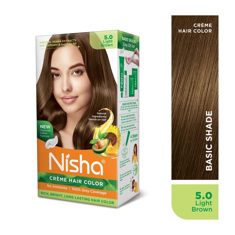 Nisha Creme Hair Color, Permanent Brown Hair Dye Color, 100% Gray Coverage, No Ammonia, Light Brown, 120 gm