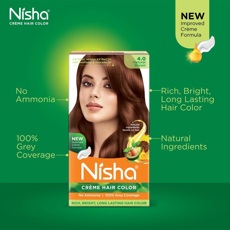 Nisha Creme Hair Color, Permanent Brown Hair Dye Color, 100% Gray Coverage, No Ammonia, Natural Brown, 120 gm