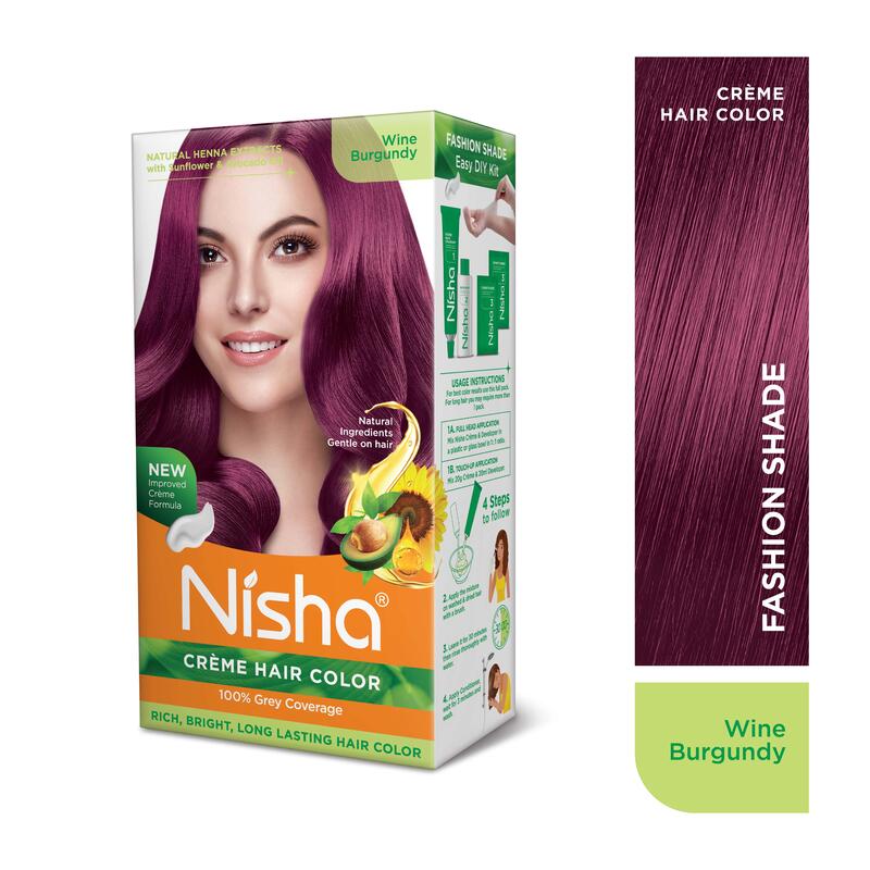 Nisha Creme Hair Color, Permanent Burgundy Hair Dye Color, 100% Gray Coverage, Wine Burgundy, 120 gm