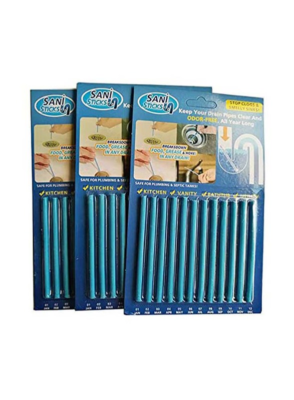 Sani Sticks Drain Cleaner Sewer Cleaning Sticks, 3 Pieces, Blue