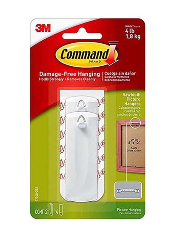 3M 2-Piece Command 4lb Capacity Sawtooth Hangers with 4 Strips, 7 x 3 x 1 inch, White