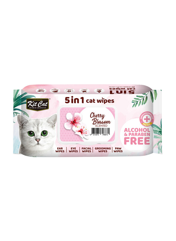 

Kit Cat 5 in 1 Cherry Blossom Scented Cat Wipes, 80 Pieces, White