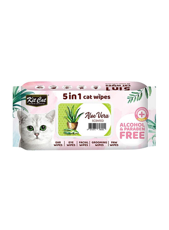 

Kit Cat 5in1 Aloe Vera Scent Cat Wipes, 80 Pieces, White