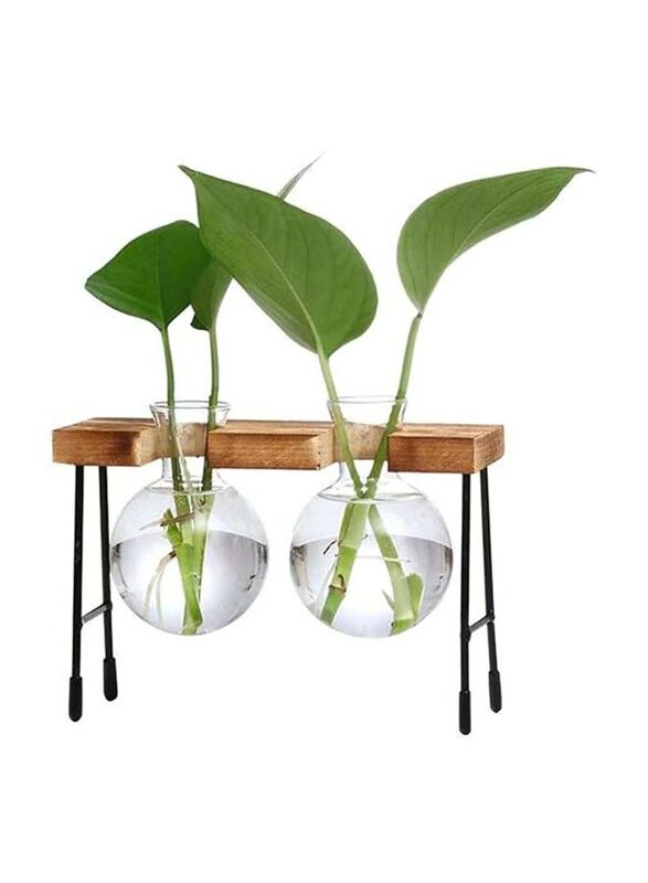 

Coolbaby Desktop Glass Flower Pot 2 Bulbs Vase with Retro Solid Wood Small Bench Frame for Hydroponic Plant, Brown