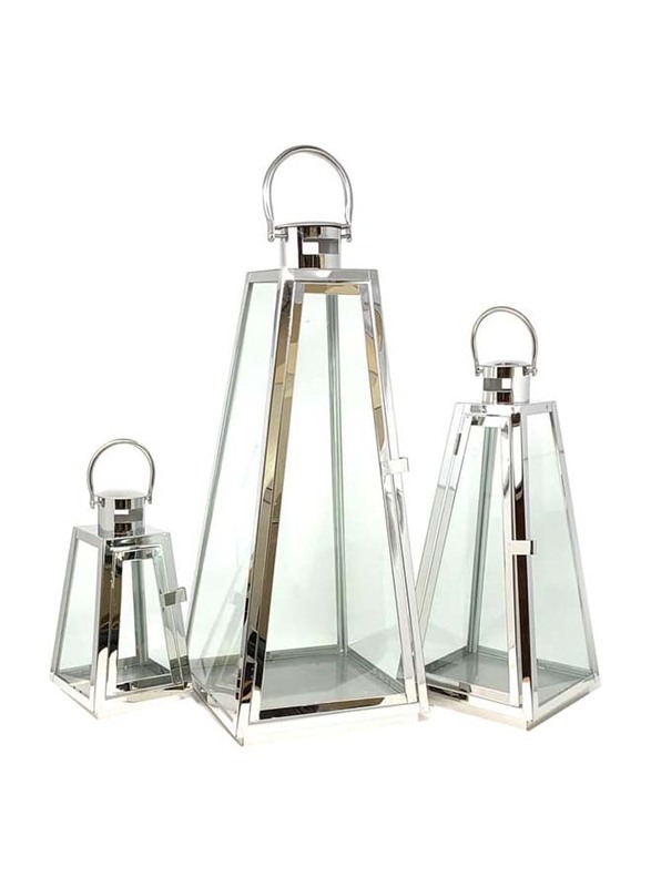 Outdoor Hurricane Triangle Candle Lantern Set, 21 x 8.5 x 4.2cm, Silver